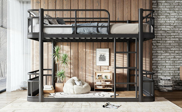 English Elm Full Over Bunk Bed Round Pipe Metal Frame with Guardrails for Teens and Adults Black W5316S00081