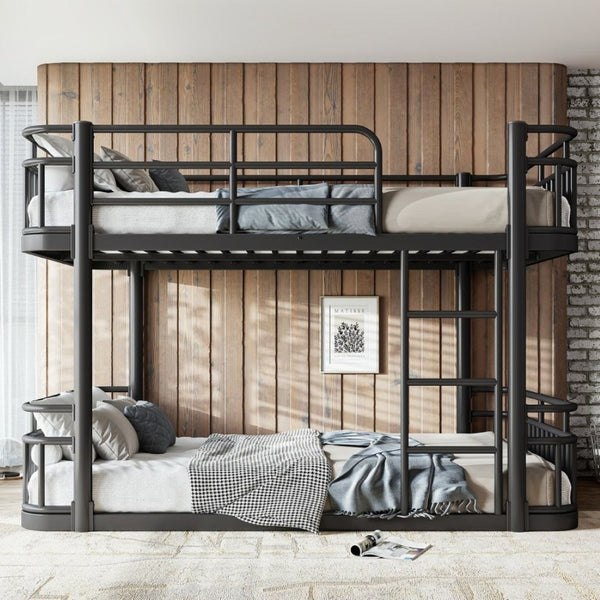English Elm Full Over Bunk Bed Round Pipe Metal Frame with Guardrails for Teens and Adults Black W5316S00081