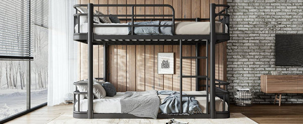 English Elm Full Over Bunk Bed Round Pipe Metal Frame with Guardrails for Teens and Adults Black W5316S00081