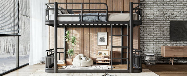 English Elm Full Over Bunk Bed Round Pipe Metal Frame with Guardrails for Teens and Adults Black W5316S00081