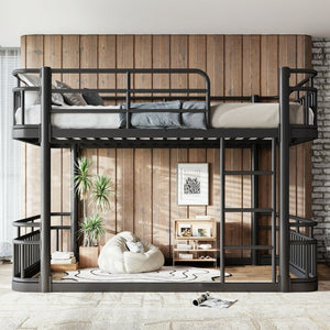 English Elm Full Over Bunk Bed Round Pipe Metal Frame with Guardrails for Teens and Adults Black W5316S00081
