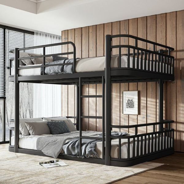 English Elm Full Over Bunk Bed Round Pipe Metal Frame with Guardrails for Teens and Adults Black W5316S00081