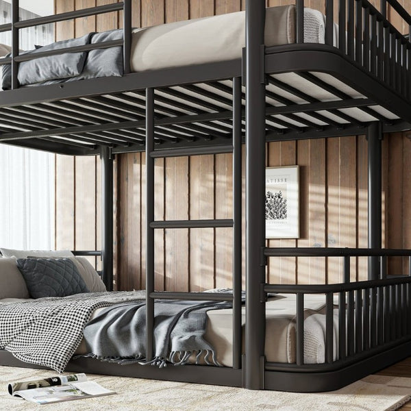 English Elm Full Over Bunk Bed Round Pipe Metal Frame with Guardrails for Teens and Adults Black W5316S00081