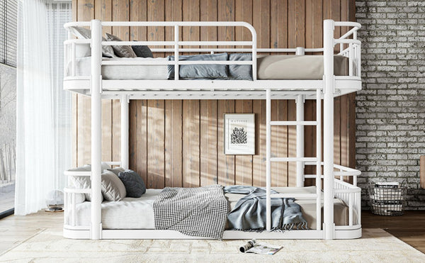 English Elm Full Over Bunk Bed Round Pipe Metal Frame with Guardrails for Teens and Adults White W5316S00082