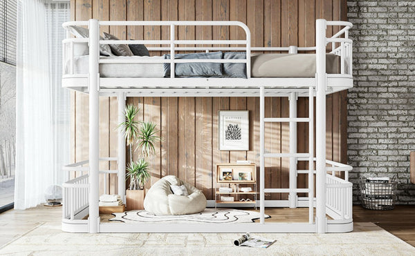 English Elm Full Over Bunk Bed Round Pipe Metal Frame with Guardrails for Teens and Adults White W5316S00082