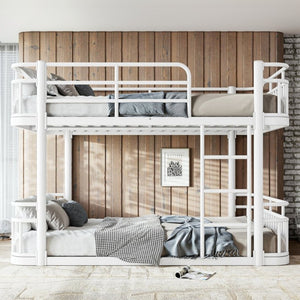 English Elm Full Over Bunk Bed Round Pipe Metal Frame with Guardrails for Teens and Adults White W5316S00082