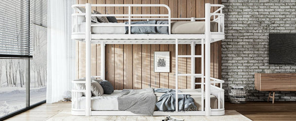 English Elm Full Over Bunk Bed Round Pipe Metal Frame with Guardrails for Teens and Adults White W5316S00082