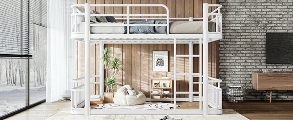 English Elm Full Over Bunk Bed Round Pipe Metal Frame with Guardrails for Teens and Adults White W5316S00082