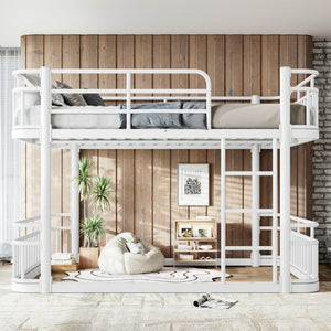 English Elm Full Over Bunk Bed Round Pipe Metal Frame with Guardrails for Teens and Adults White W5316S00082