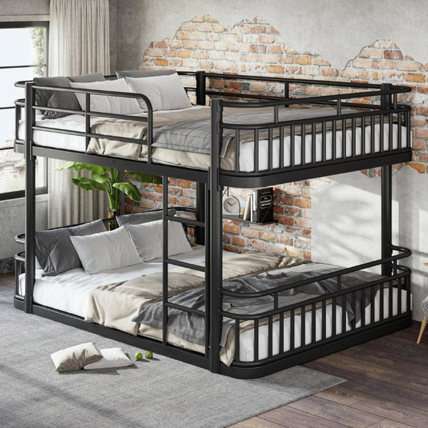 English Elm Queen Over Bunk Bed Round Pipe Metal Frame with Guardrails for Teens and Adults Black W5316S00083