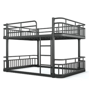 English Elm Queen Over Bunk Bed Round Pipe Metal Frame with Guardrails for Teens and Adults Black W5316S00083