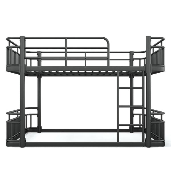 English Elm Queen Over Bunk Bed Round Pipe Metal Frame with Guardrails for Teens and Adults Black W5316S00083