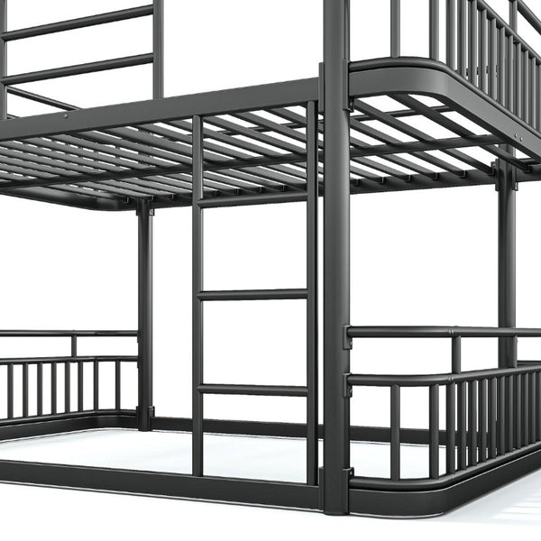 English Elm Queen Over Bunk Bed Round Pipe Metal Frame with Guardrails for Teens and Adults Black W5316S00083
