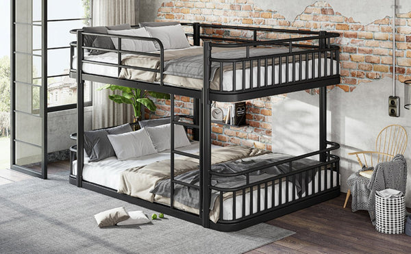 English Elm Queen Over Bunk Bed Round Pipe Metal Frame with Guardrails for Teens and Adults Black W5316S00083