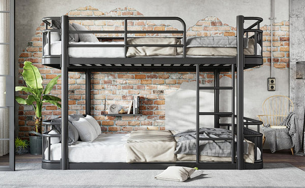 English Elm Queen Over Bunk Bed Round Pipe Metal Frame with Guardrails for Teens and Adults Black W5316S00083