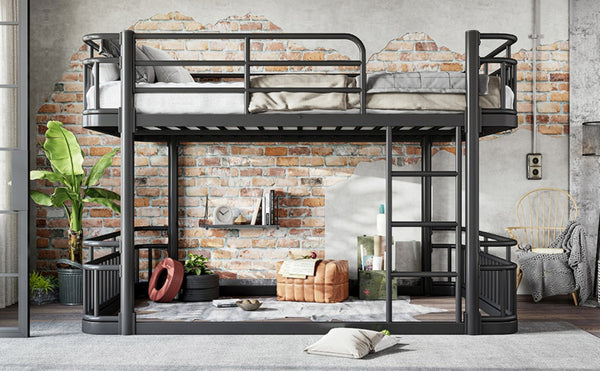 English Elm Queen Over Bunk Bed Round Pipe Metal Frame with Guardrails for Teens and Adults Black W5316S00083
