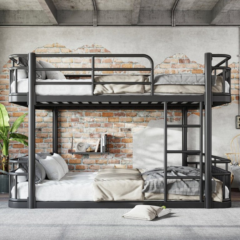 English Elm Queen Over Bunk Bed Round Pipe Metal Frame with Guardrails for Teens and Adults Black W5316S00083