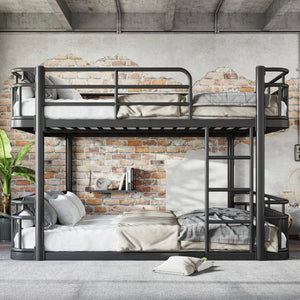 English Elm Queen Over Bunk Bed Round Pipe Metal Frame with Guardrails for Teens and Adults Black W5316S00083