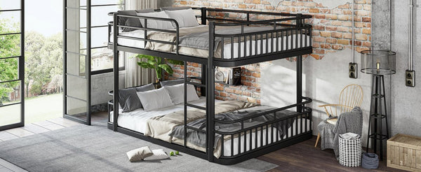English Elm Queen Over Bunk Bed Round Pipe Metal Frame with Guardrails for Teens and Adults Black W5316S00083