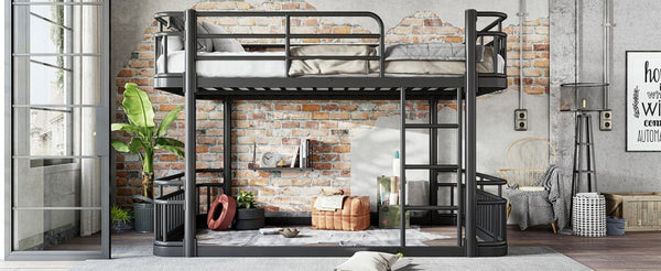 English Elm Queen Over Bunk Bed Round Pipe Metal Frame with Guardrails for Teens and Adults Black W5316S00083