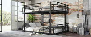 English Elm Queen Over Bunk Bed Round Pipe Metal Frame with Guardrails for Teens and Adults Black W5316S00083