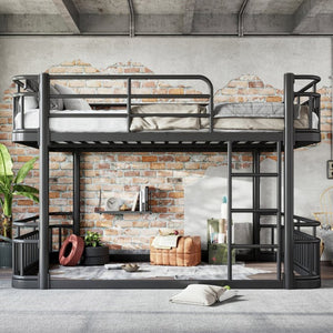 English Elm Queen Over Bunk Bed Round Pipe Metal Frame with Guardrails for Teens and Adults Black W5316S00083