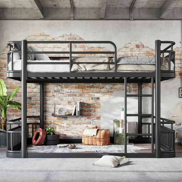 English Elm Queen Over Bunk Bed Round Pipe Metal Frame with Guardrails for Teens and Adults Black W5316S00083