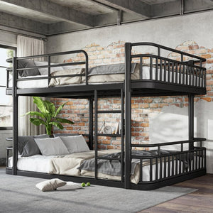 English Elm Queen Over Bunk Bed Round Pipe Metal Frame with Guardrails for Teens and Adults Black W5316S00083