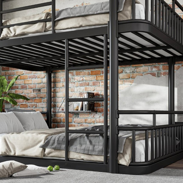 English Elm Queen Over Bunk Bed Round Pipe Metal Frame with Guardrails for Teens and Adults Black W5316S00083