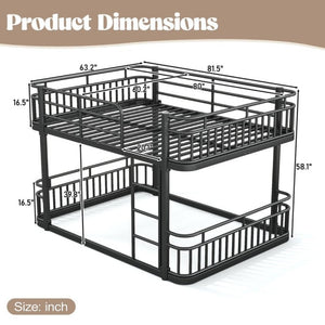 English Elm Queen Over Bunk Bed Round Pipe Metal Frame with Guardrails for Teens and Adults Black W5316S00083