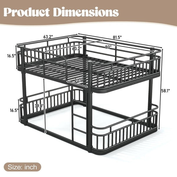 English Elm Queen Over Bunk Bed Round Pipe Metal Frame with Guardrails for Teens and Adults Black W5316S00083