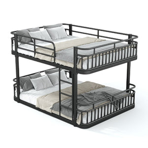 English Elm Queen Over Bunk Bed Round Pipe Metal Frame with Guardrails for Teens and Adults Black W5316S00083