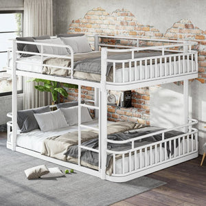 English Elm Queen Over Bunk Bed Round Pipe Metal Frame with Guardrails for Teens and Adults White W5316S00084