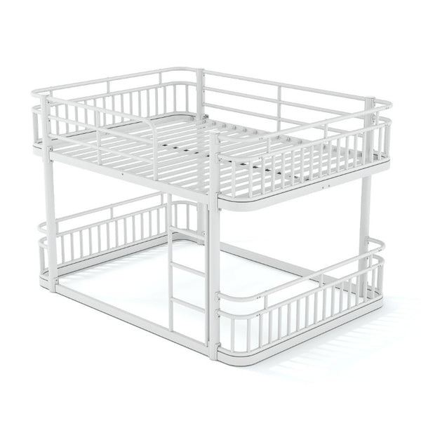 English Elm Queen Over Bunk Bed Round Pipe Metal Frame with Guardrails for Teens and Adults White W5316S00084