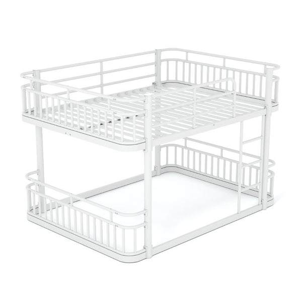 English Elm Queen Over Bunk Bed Round Pipe Metal Frame with Guardrails for Teens and Adults White W5316S00084
