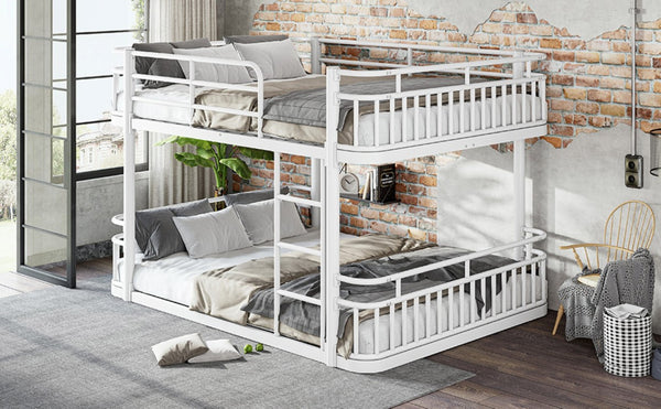 English Elm Queen Over Bunk Bed Round Pipe Metal Frame with Guardrails for Teens and Adults White W5316S00084