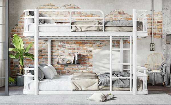 English Elm Queen Over Bunk Bed Round Pipe Metal Frame with Guardrails for Teens and Adults White W5316S00084