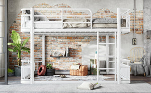 English Elm Queen Over Bunk Bed Round Pipe Metal Frame with Guardrails for Teens and Adults White W5316S00084