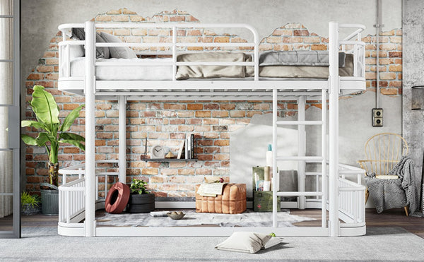 English Elm Queen Over Bunk Bed Round Pipe Metal Frame with Guardrails for Teens and Adults White W5316S00084