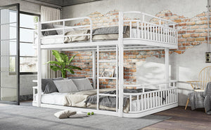 English Elm Queen Over Bunk Bed Round Pipe Metal Frame with Guardrails for Teens and Adults White W5316S00084