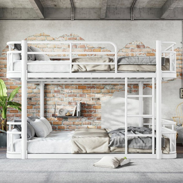 English Elm Queen Over Bunk Bed Round Pipe Metal Frame with Guardrails for Teens and Adults White W5316S00084