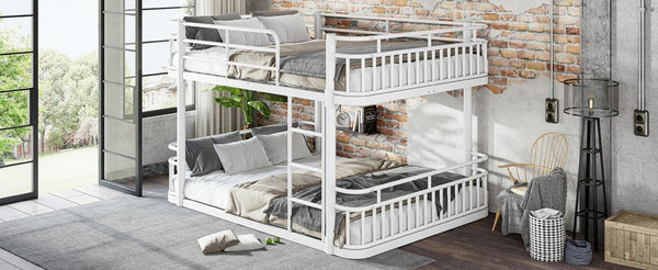 English Elm Queen Over Bunk Bed Round Pipe Metal Frame with Guardrails for Teens and Adults White W5316S00084