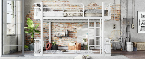 English Elm Queen Over Bunk Bed Round Pipe Metal Frame with Guardrails for Teens and Adults White W5316S00084