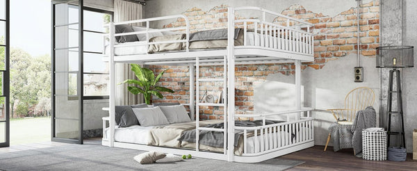 English Elm Queen Over Bunk Bed Round Pipe Metal Frame with Guardrails for Teens and Adults White W5316S00084