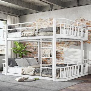 English Elm Queen Over Bunk Bed Round Pipe Metal Frame with Guardrails for Teens and Adults White W5316S00084
