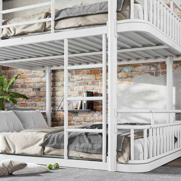 English Elm Queen Over Bunk Bed Round Pipe Metal Frame with Guardrails for Teens and Adults White W5316S00084