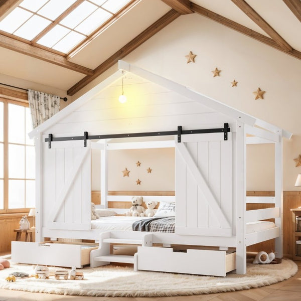 English Elm Twin Farmhouse House Bed with Barn Door Staircase Drawers and Built in Light W5316S00085