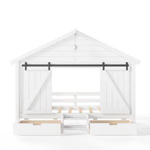 English Elm Twin Farmhouse House Bed with Barn Door Staircase Drawers and Built in Light W5316S00085