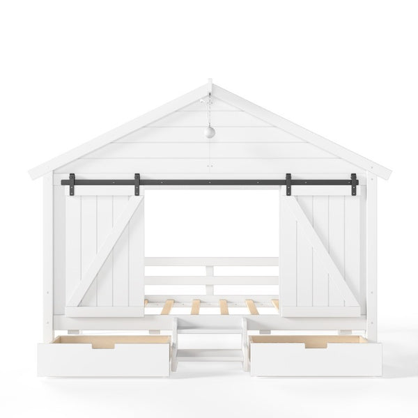 English Elm Twin Farmhouse House Bed with Barn Door Staircase Drawers and Built in Light W5316S00085