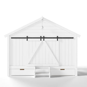 English Elm Twin Farmhouse House Bed with Barn Door Staircase Drawers and Built in Light W5316S00085